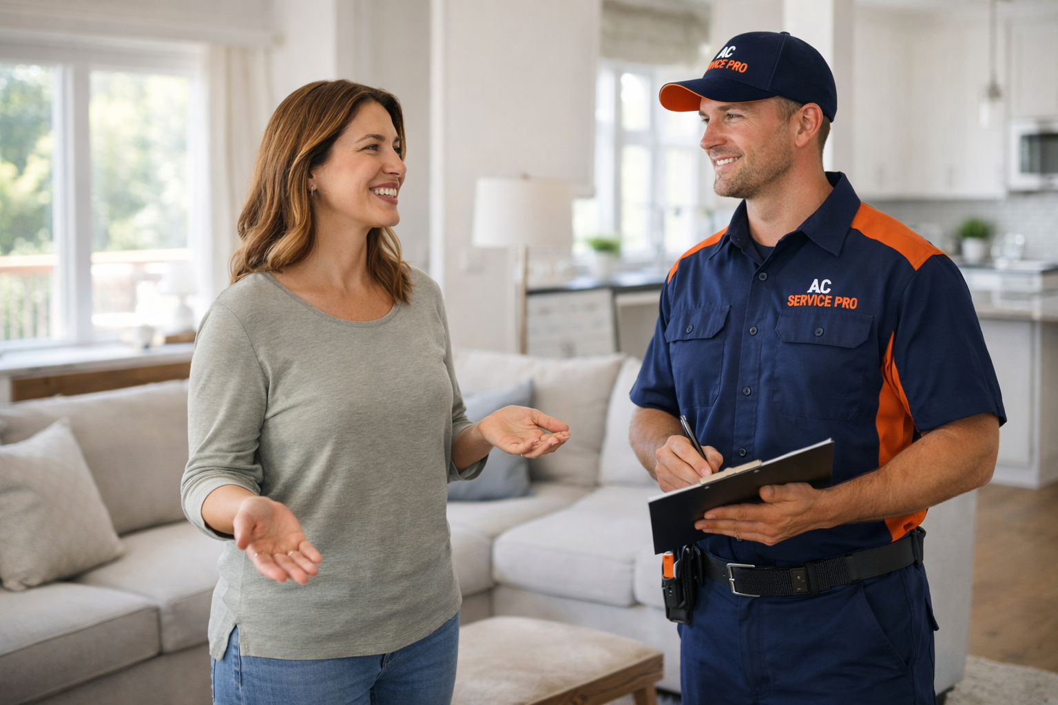 Homeowner speaking with HVAC technician in living room